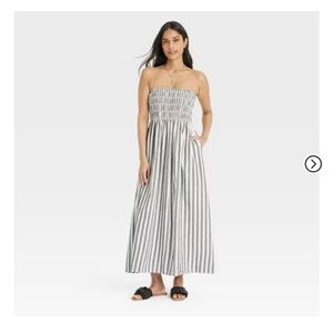 Striped Black and White Strapless Midi A-Line Dress